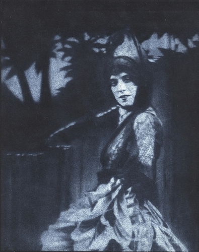 Martha Graham, Vintage bromoil transfer in blue and white pigments on black paper, ca. 1921.